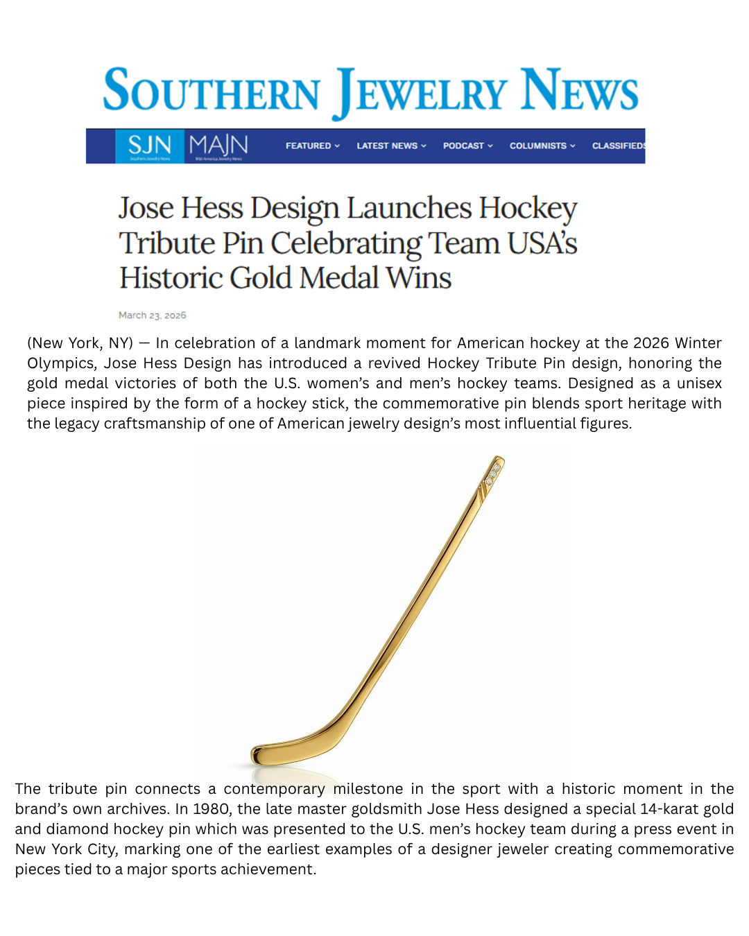 Southern Jewelry News Jose Hess Design Launches Hockey Tribute Pin Celebrating Team USA’s Historic Gold Medal Wins